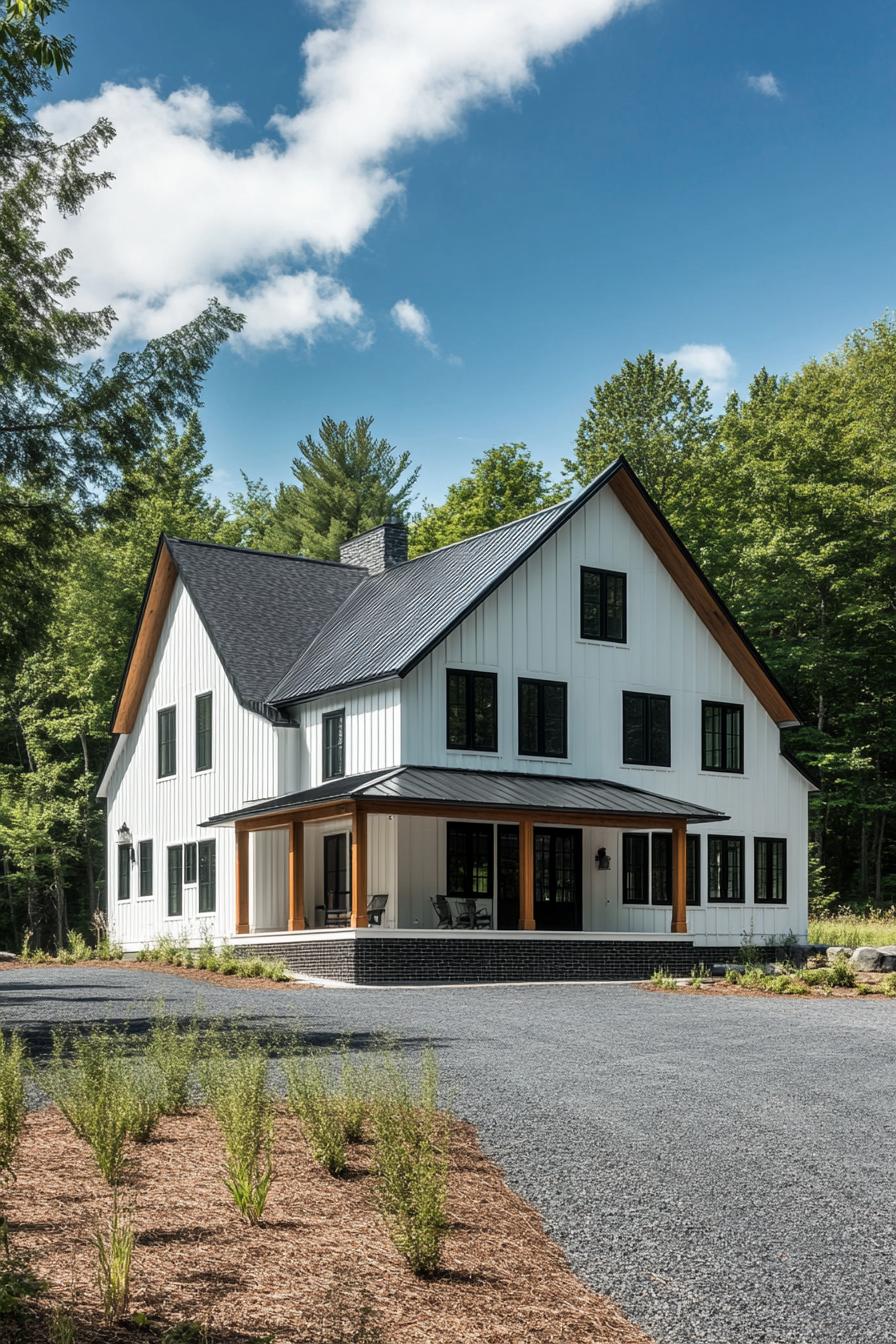 A modern farmhouse nestled in a lush green setting