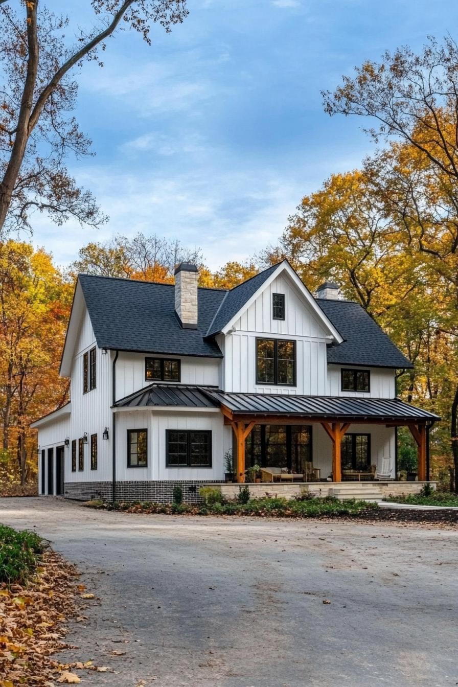 Modern farmhouse nestled among autumn trees