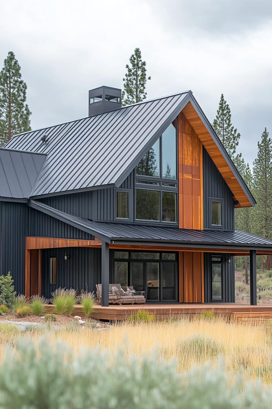 Charming metal cabin with large windows and wooden accents set in a lush landscape