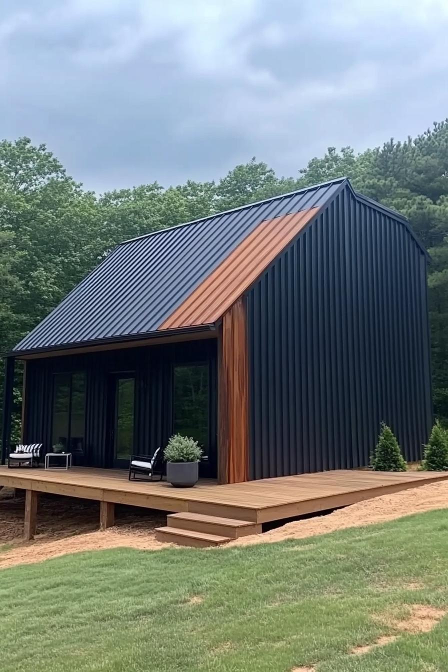 Modern metal building with wooden deck and gabled roof