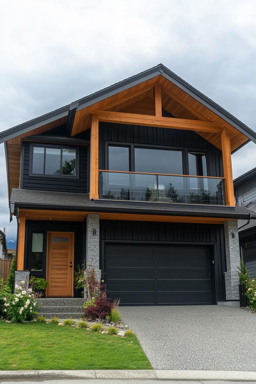 Modern split level house with wood accents