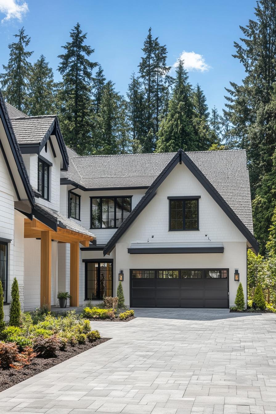 Modern house with gabled roof amidst tall trees