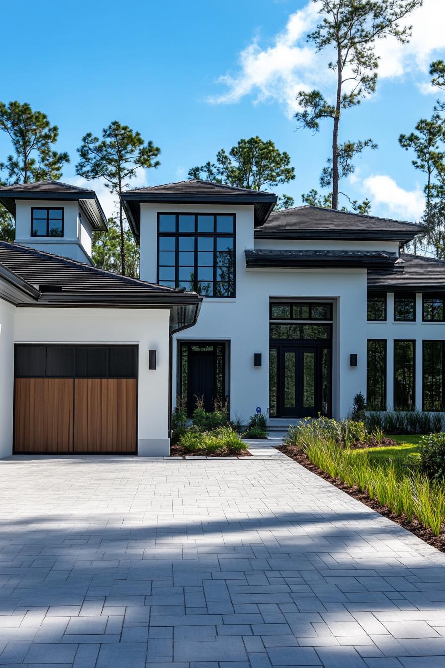 Modern house framed by tall trees and a clear sky