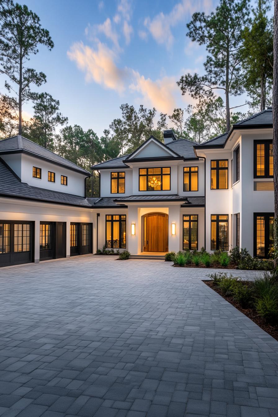 modern transitional home features a clean open facade with crisp white stucco walls and black framed windows that provide a striking contrast. The