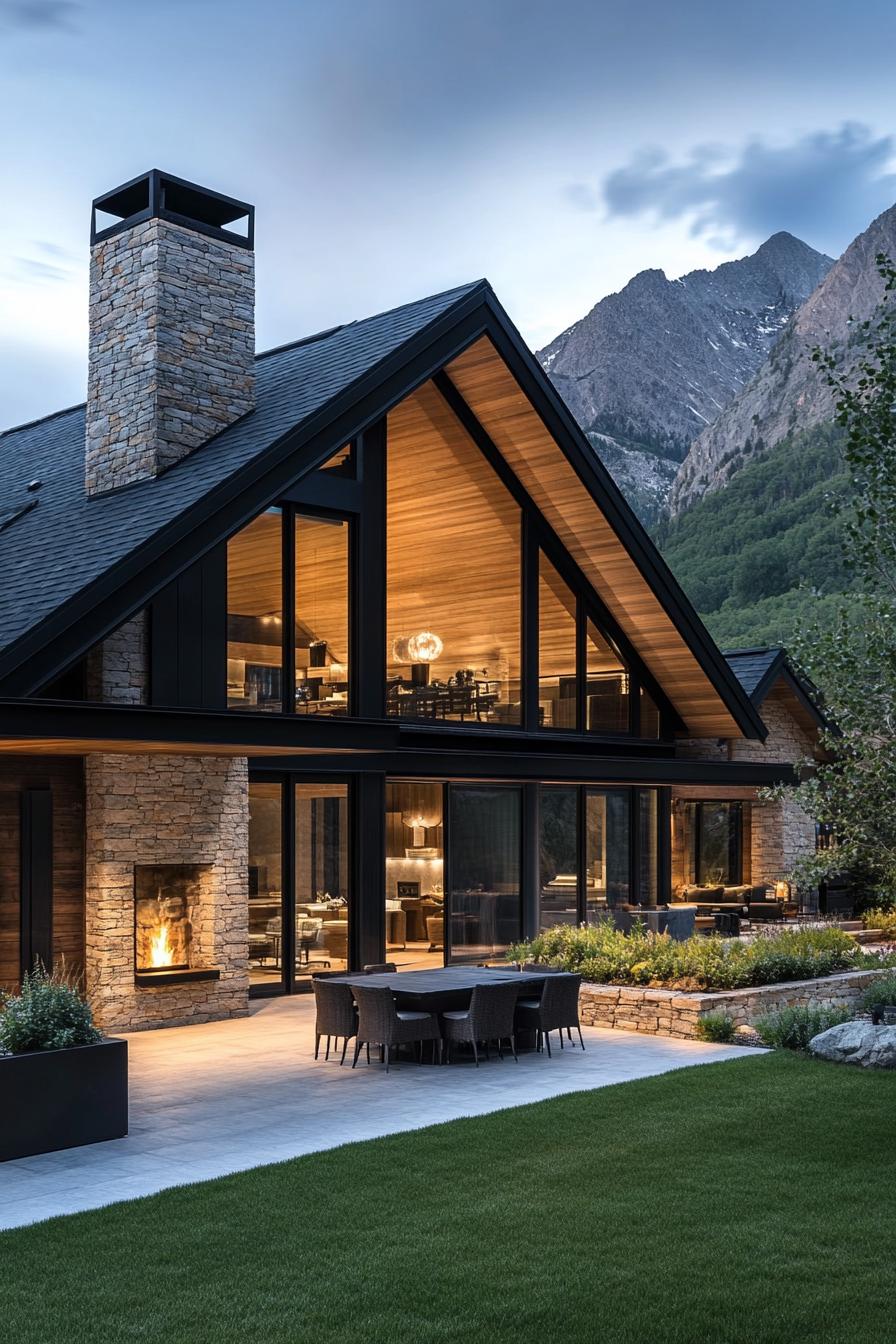 Modern mountain farmhouse with stone and glass facade