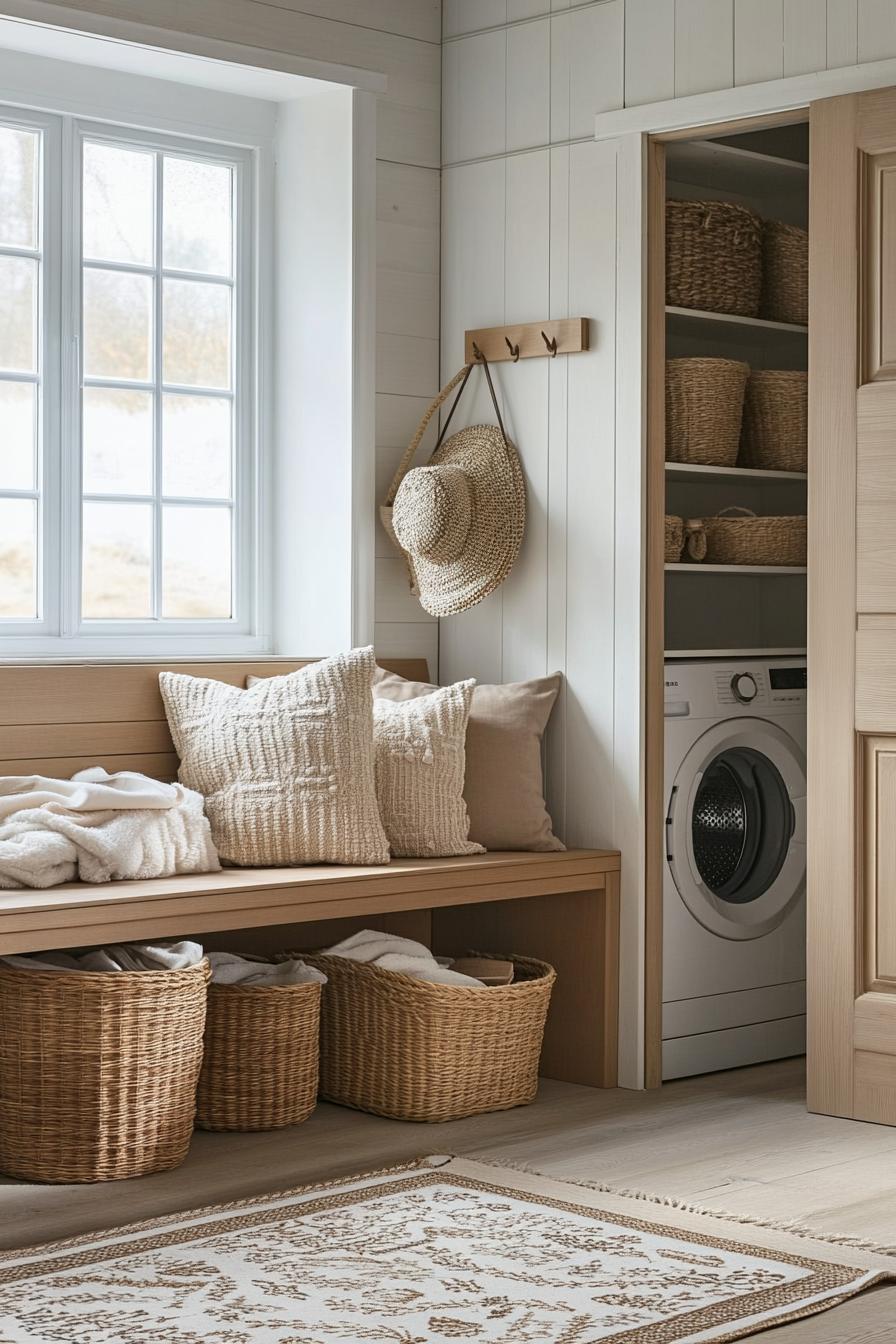 Cozy nook with bench, pillows, baskets, and a washer