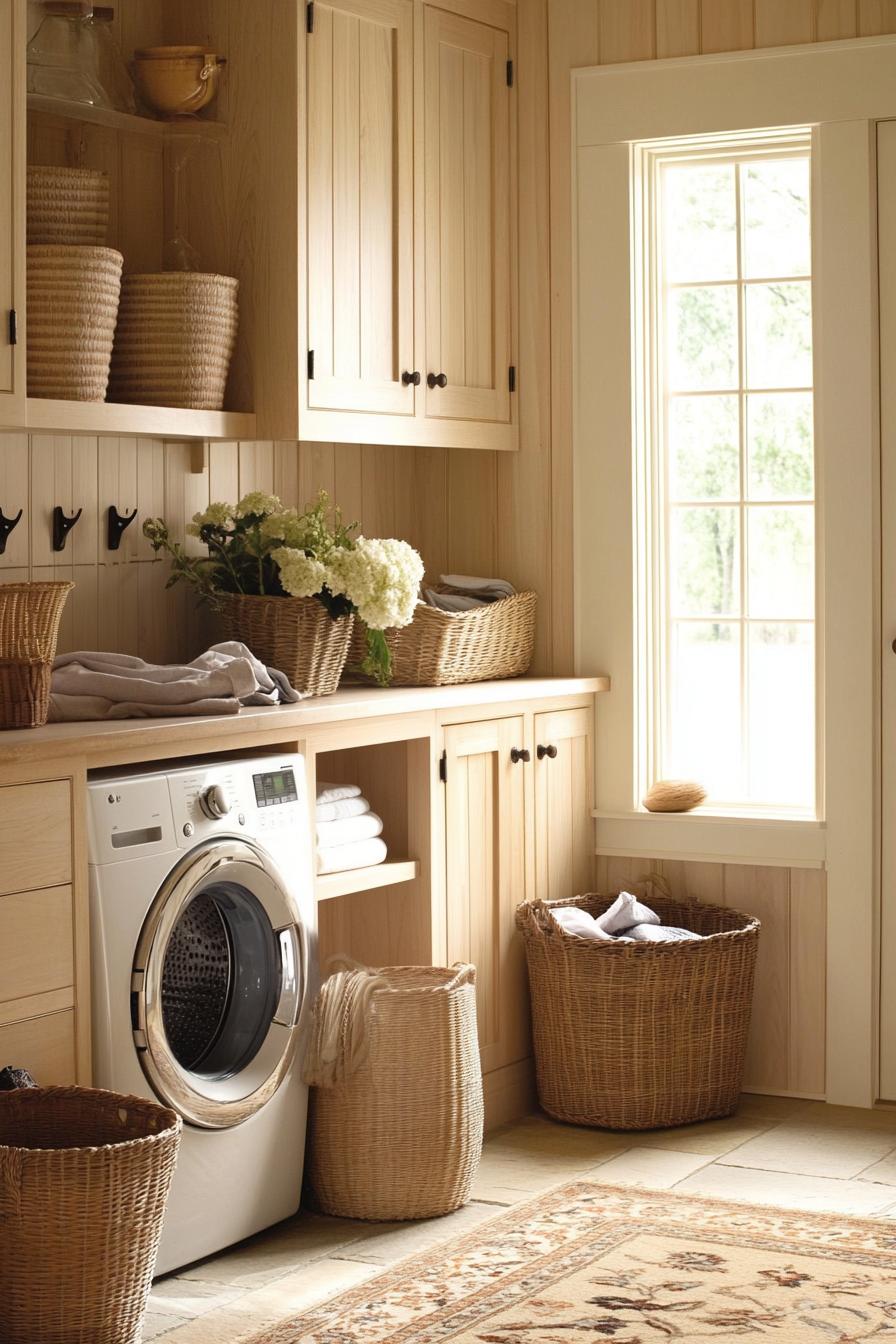 Cozy mudroom with wicker baskets and washing machine