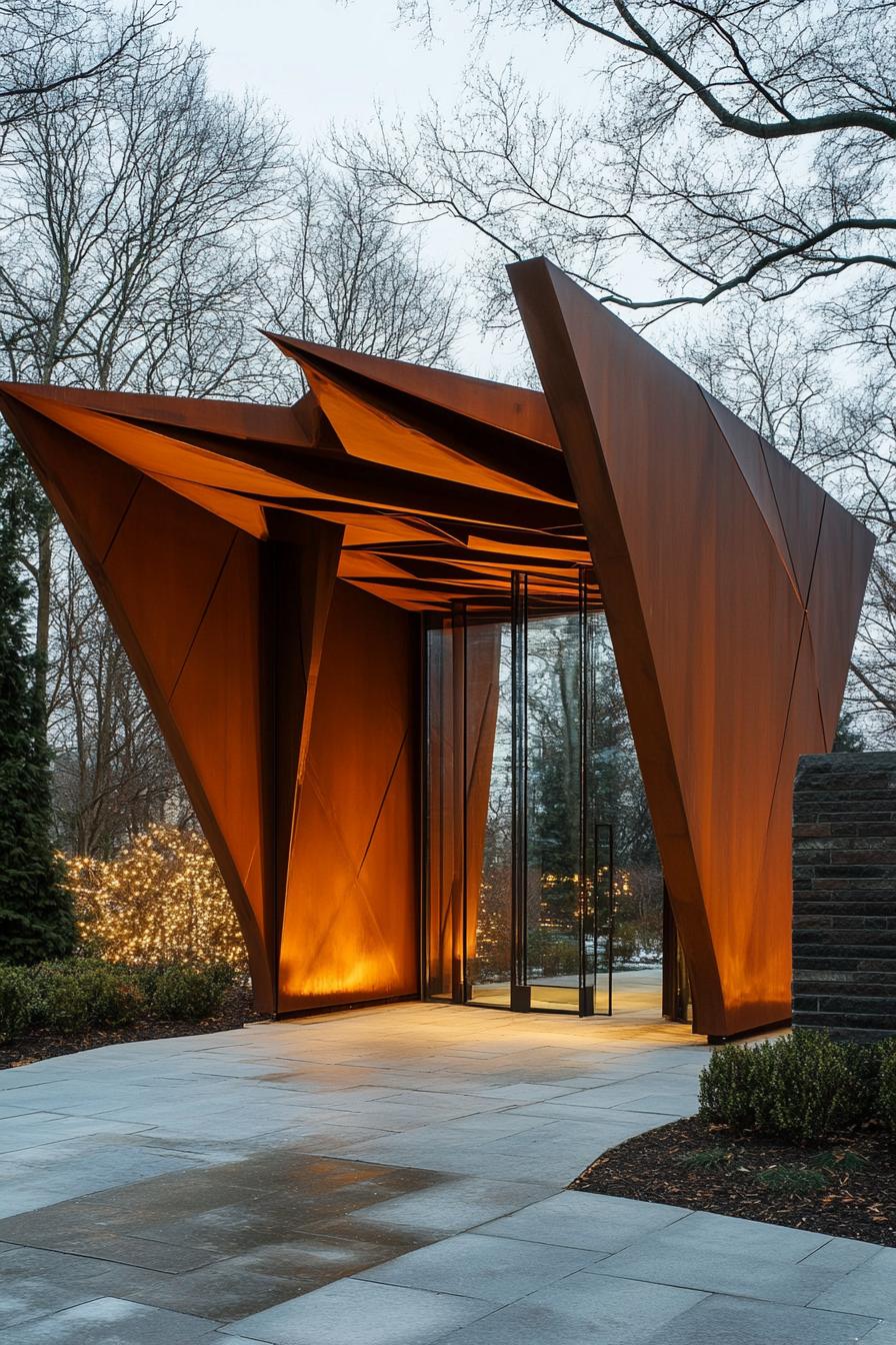 Modern pavilion with angular, rust-colored steel panels