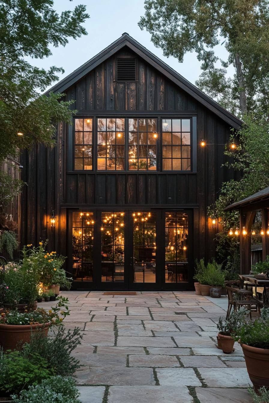 Modern farmhouse exterior with string lights in a lush garden