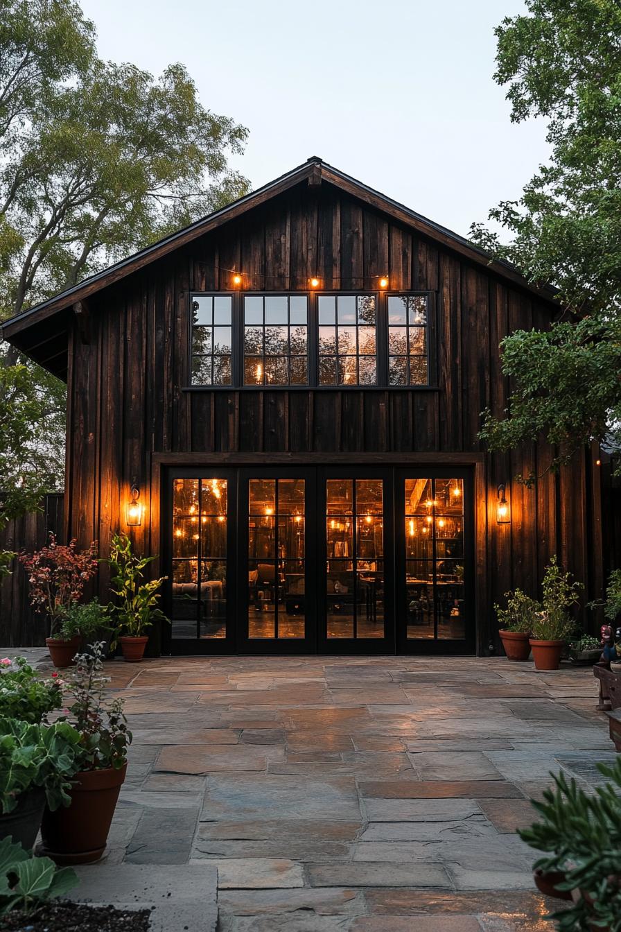 Warm lights in cozy wooden farmhouse at dusk