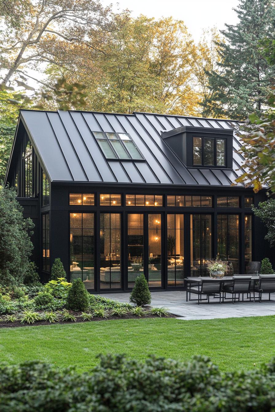 Modern black barndominium with glass walls amid lush greenery