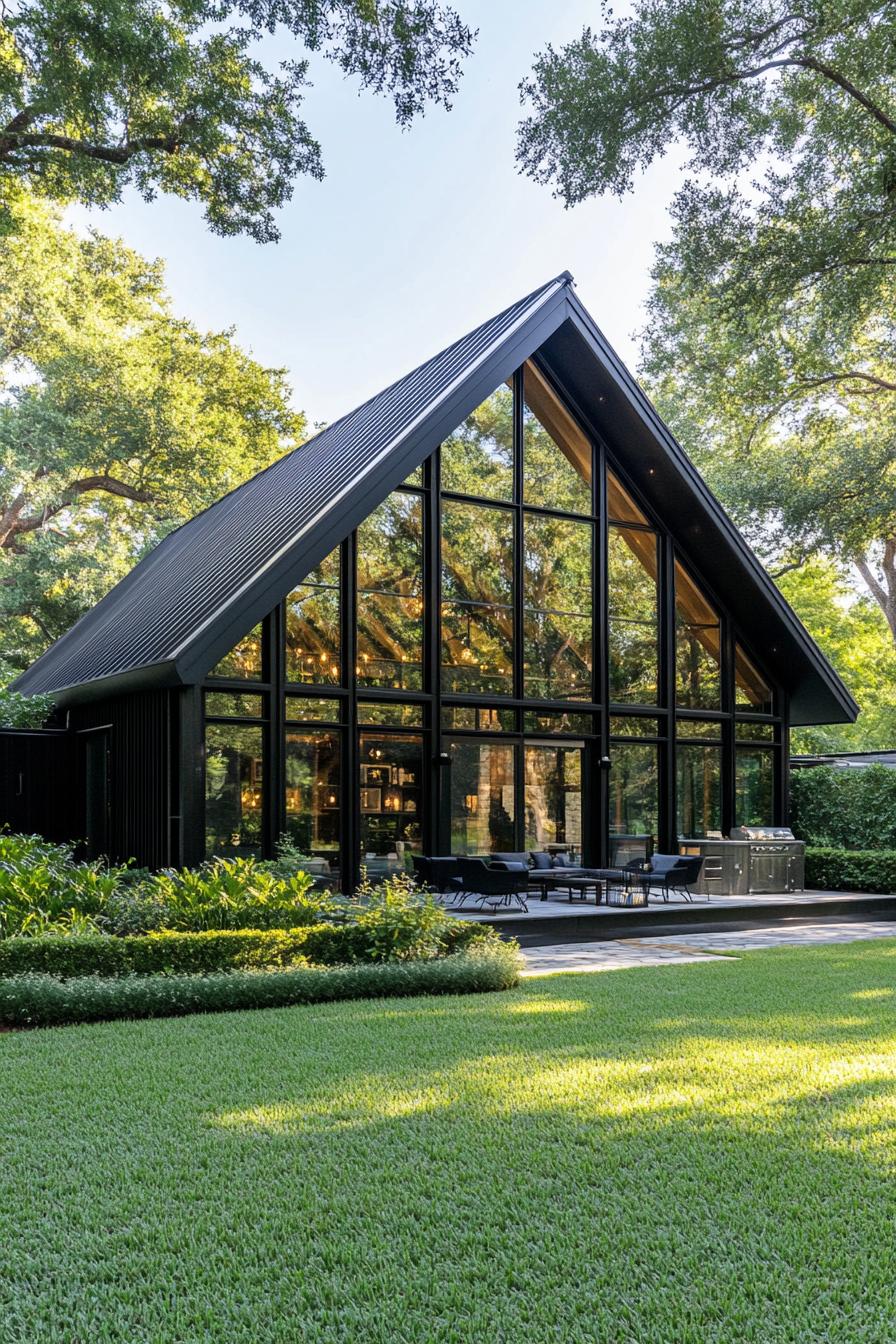 Modern glass-front barndominium with a pitched roof