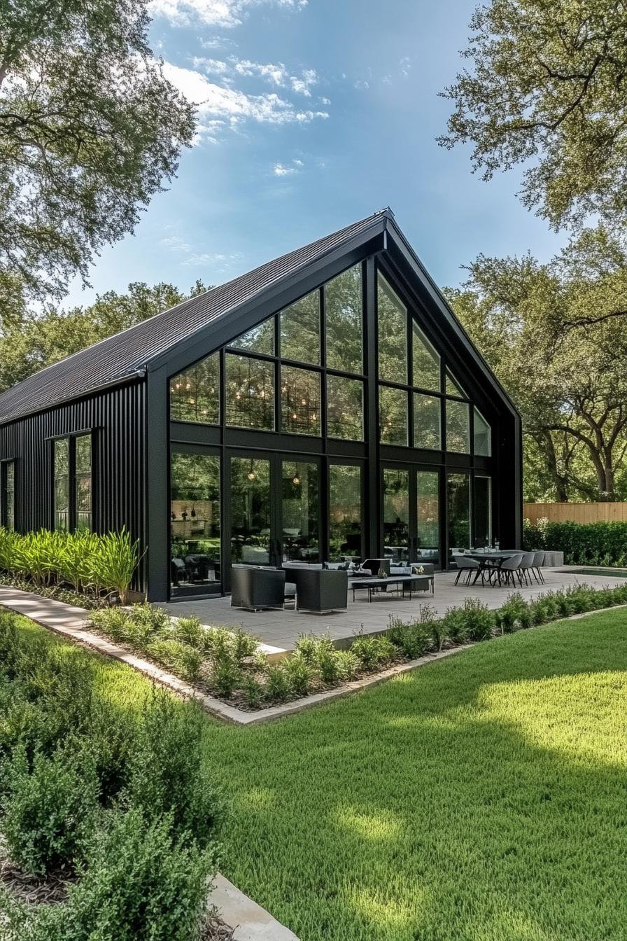 Contemporary barn-style home with large windows and patio seating