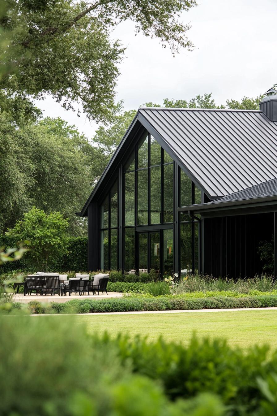 Modern barndominium with large glass windows in a lush setting