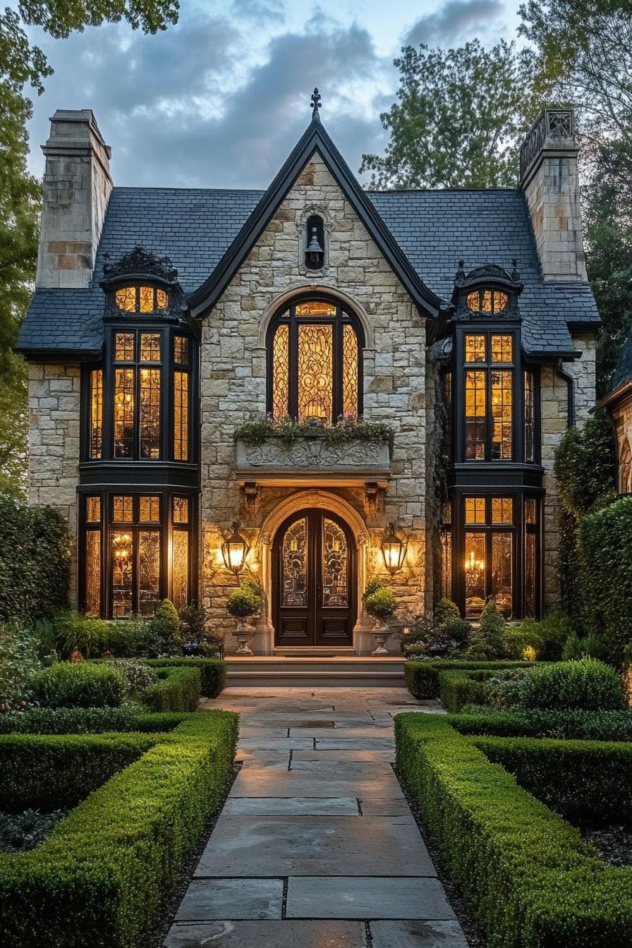 Elegant stone house with warm, glowing lights