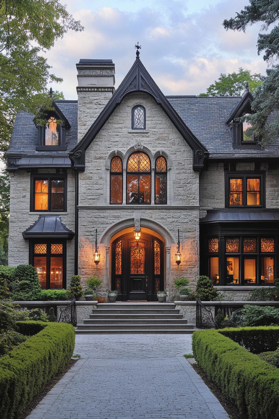 Grand stone manor with lit windows and lush greenery