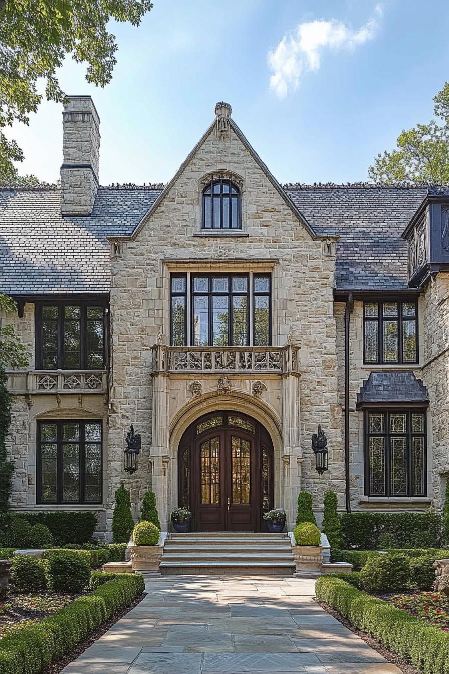 Elegant stone manor with grand arched entrance