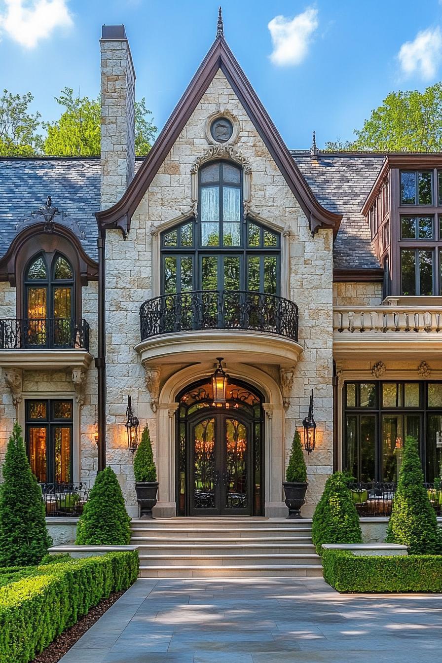 Stone mansion with intricate wrought iron details and lush greenery