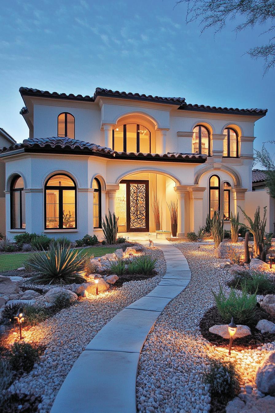 Elegant villa with arched windows and a stone pathway surrounded by desert landscaping