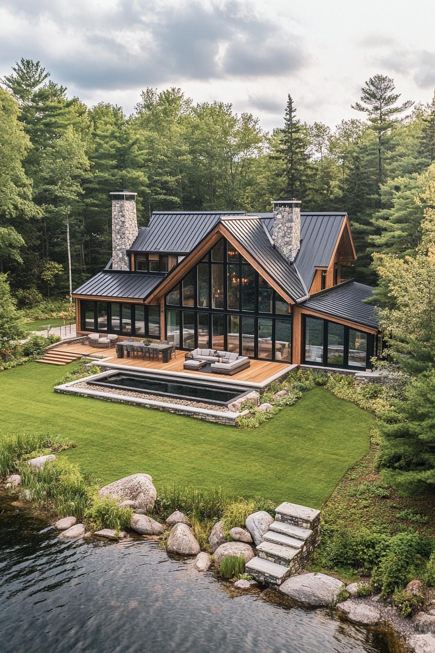 Modern wooden house with large windows by a lake in a forested area