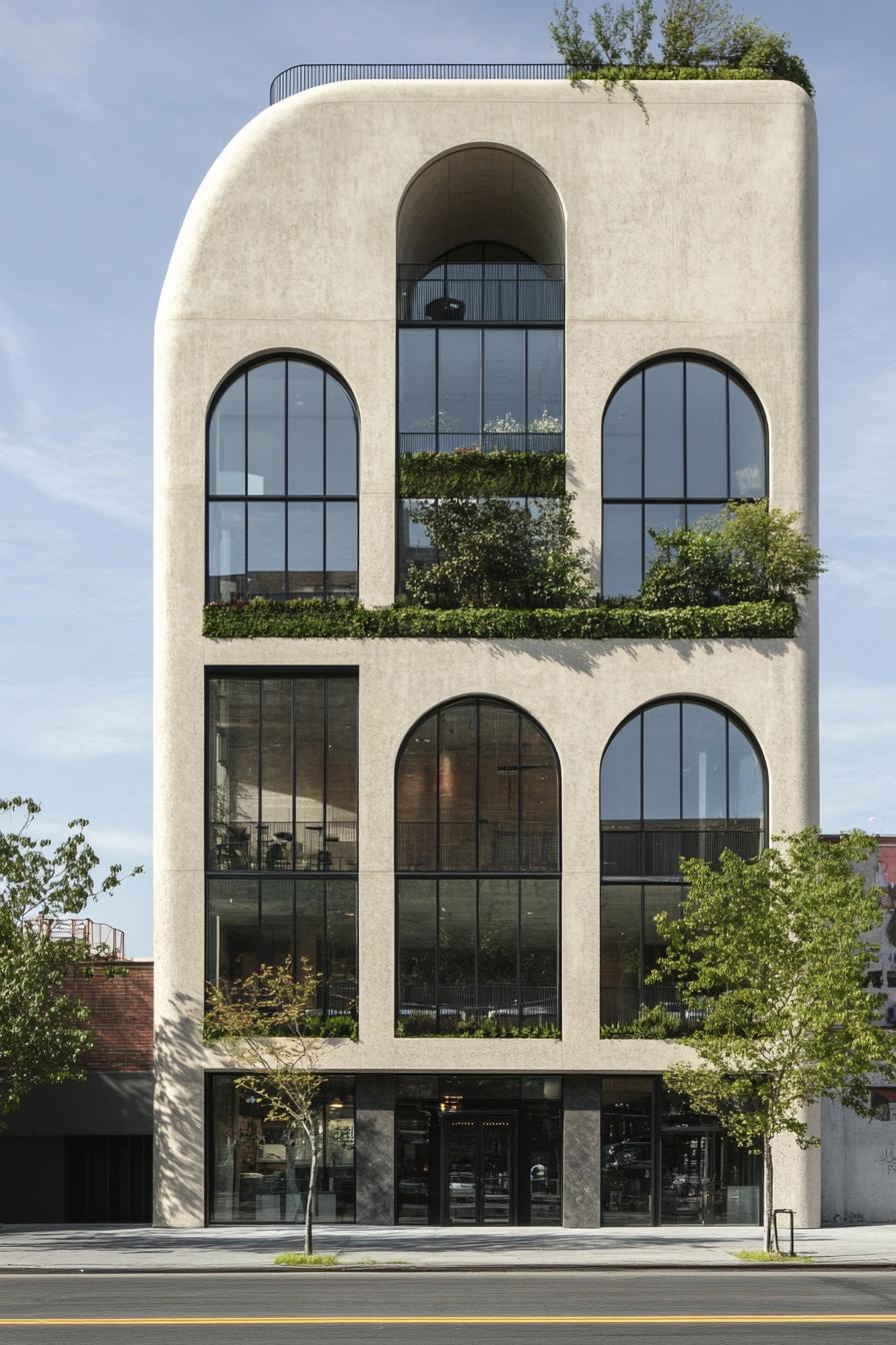 Modern building with arched windows and greenery