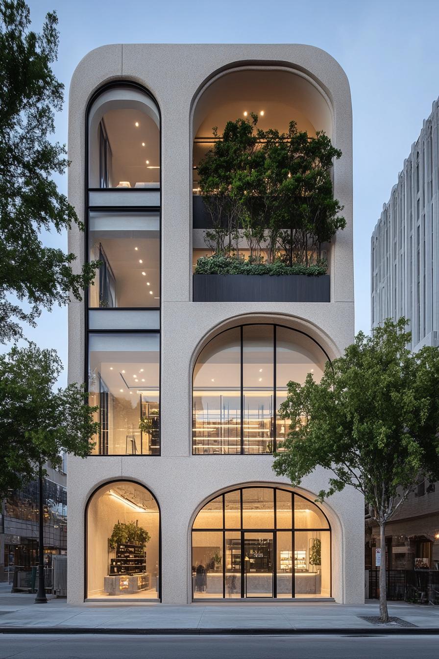 Modern commercial building with arched windows and lush greenery