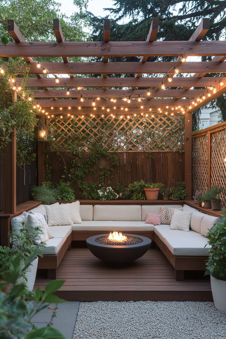 Cozy outdoor living space with fire pit and string lights