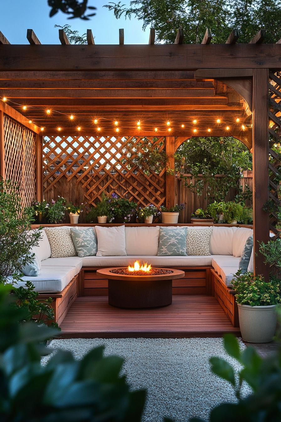 Outdoor living room with string lights and fire pit