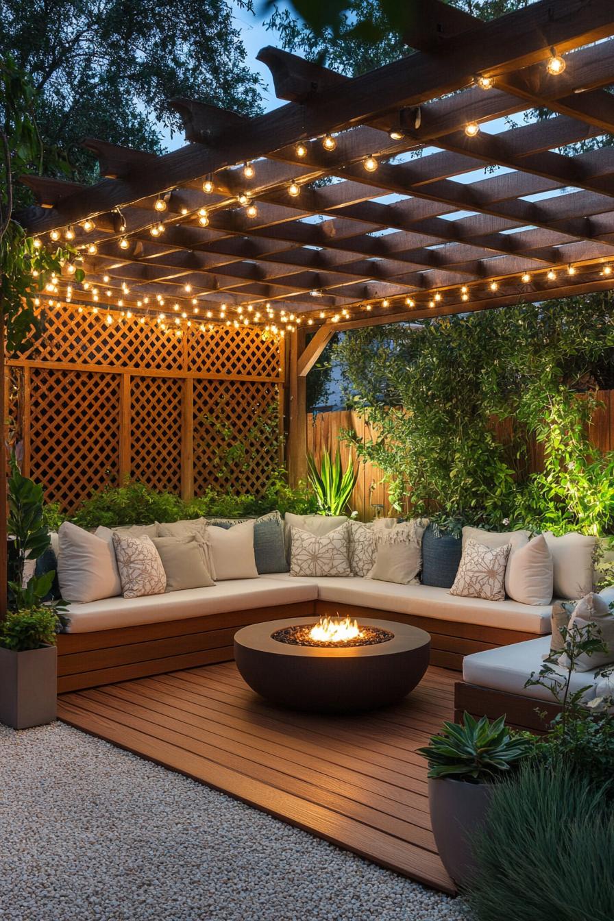 Outdoor seating area with twinkling lights and a central fire pit