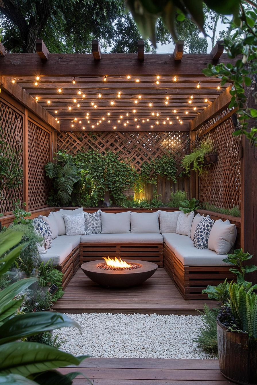 Cozy seating area with string lights and fire pit in a garden setting