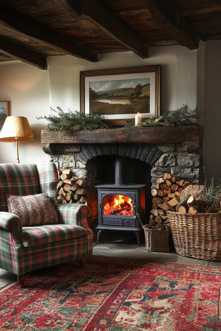 Cozy stone fireplace with woodburning stove and plaid armchair