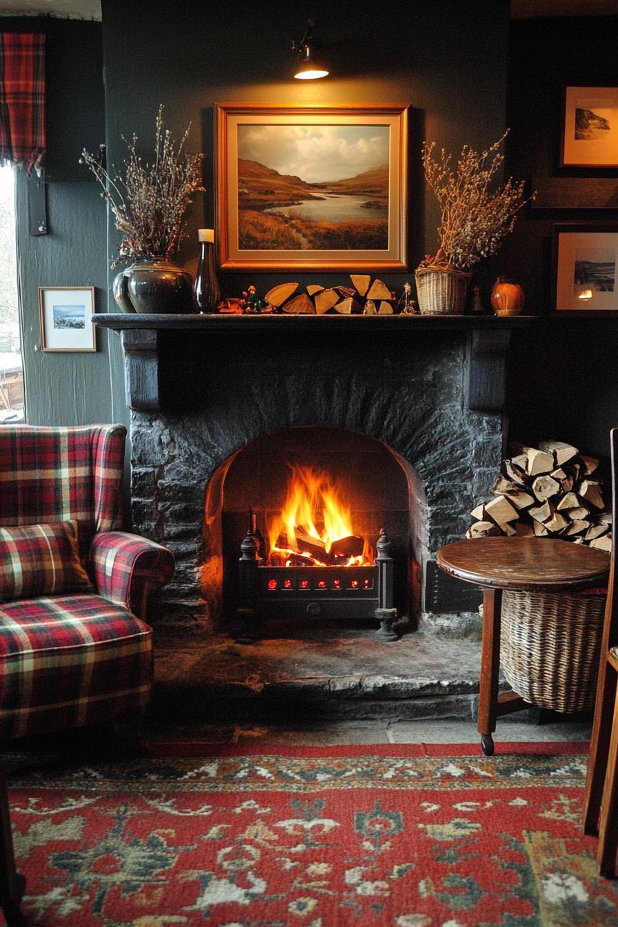 Fireplace with cozy decor and tartan chair