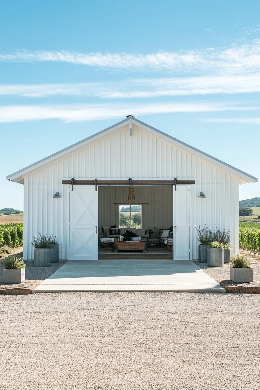 White barn with open sliding doors in a vineyard