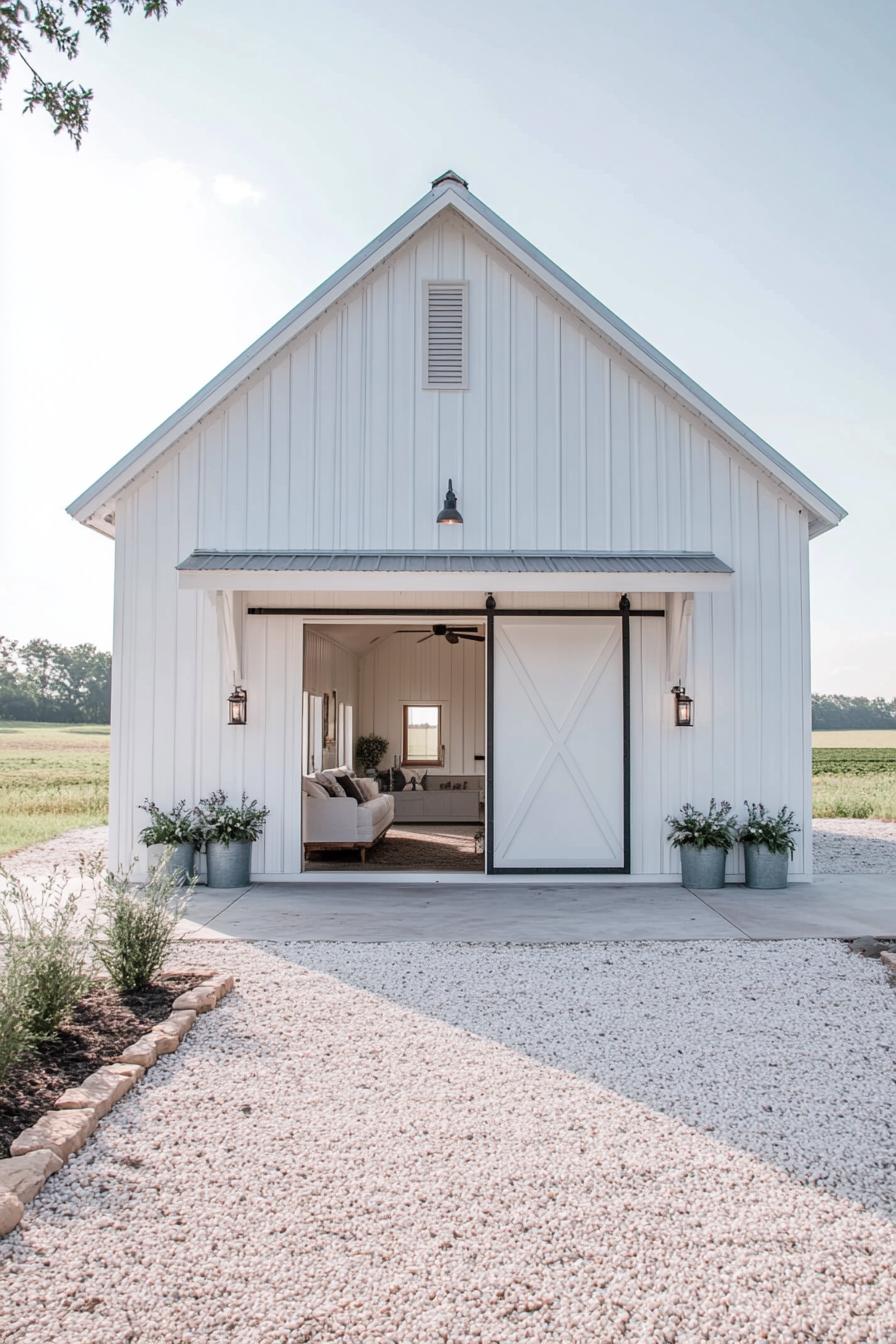 White barn-style home with a sliding barn door