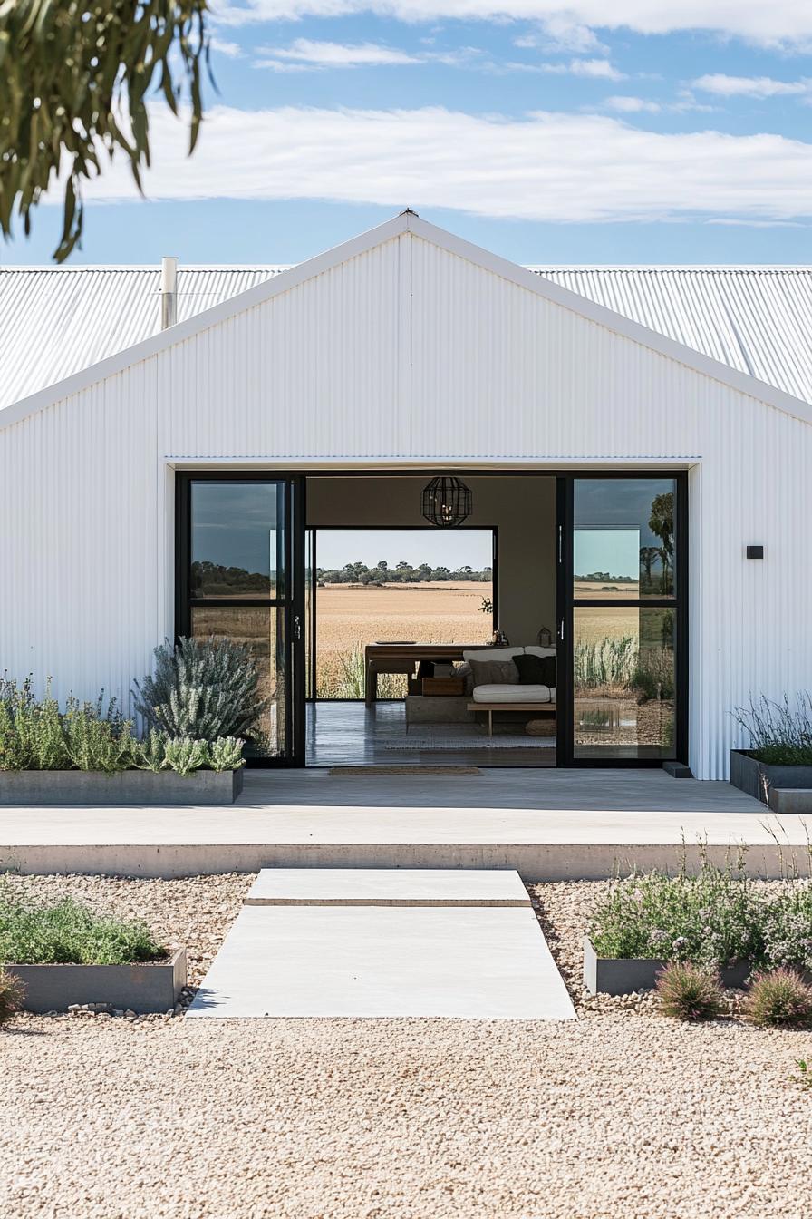 White metal home with glass doors overlooking fields