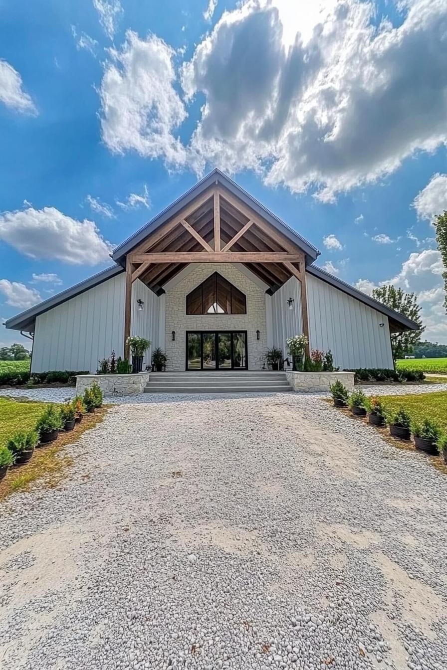 White metal building with large wooden gable and double doors