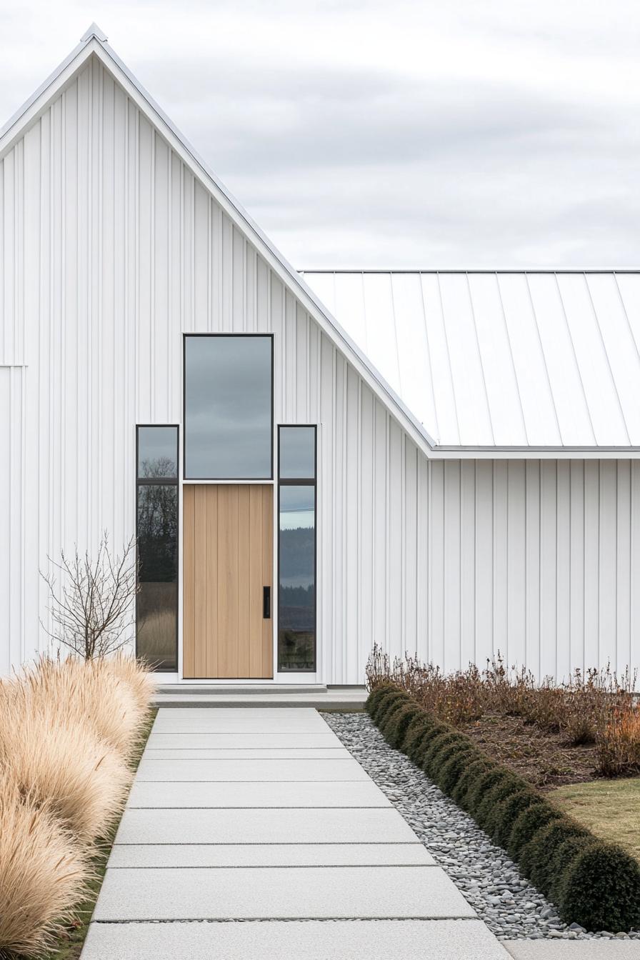 Modern long house with large wooden door and white gabled roof