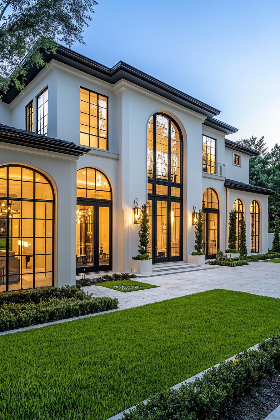 Luxury mansion with large arched windows and manicured lawn