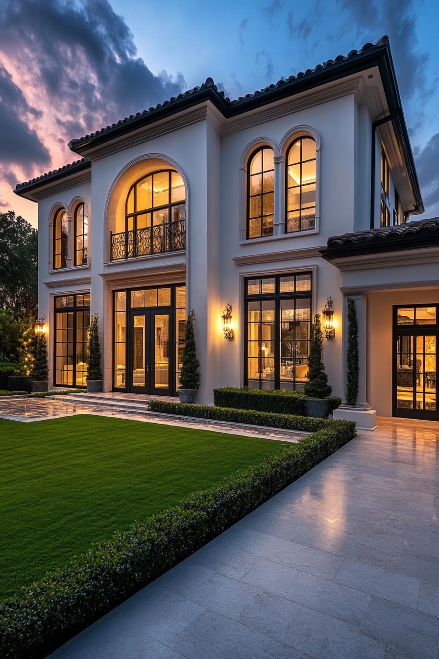 Elegant luxury home with glowing lights and a manicured lawn