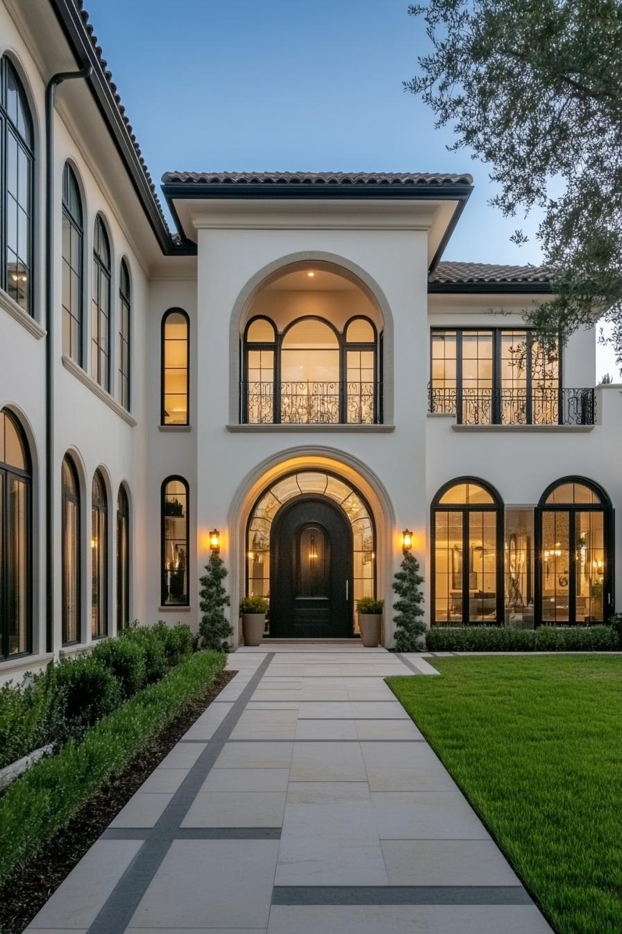 Elegant house with arched windows and lush landscaping