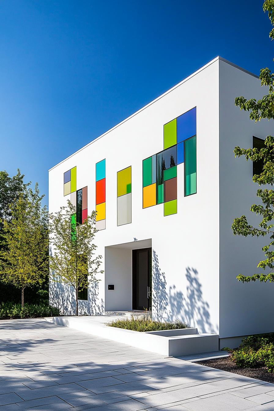 Modern white building with colorful geometric windows