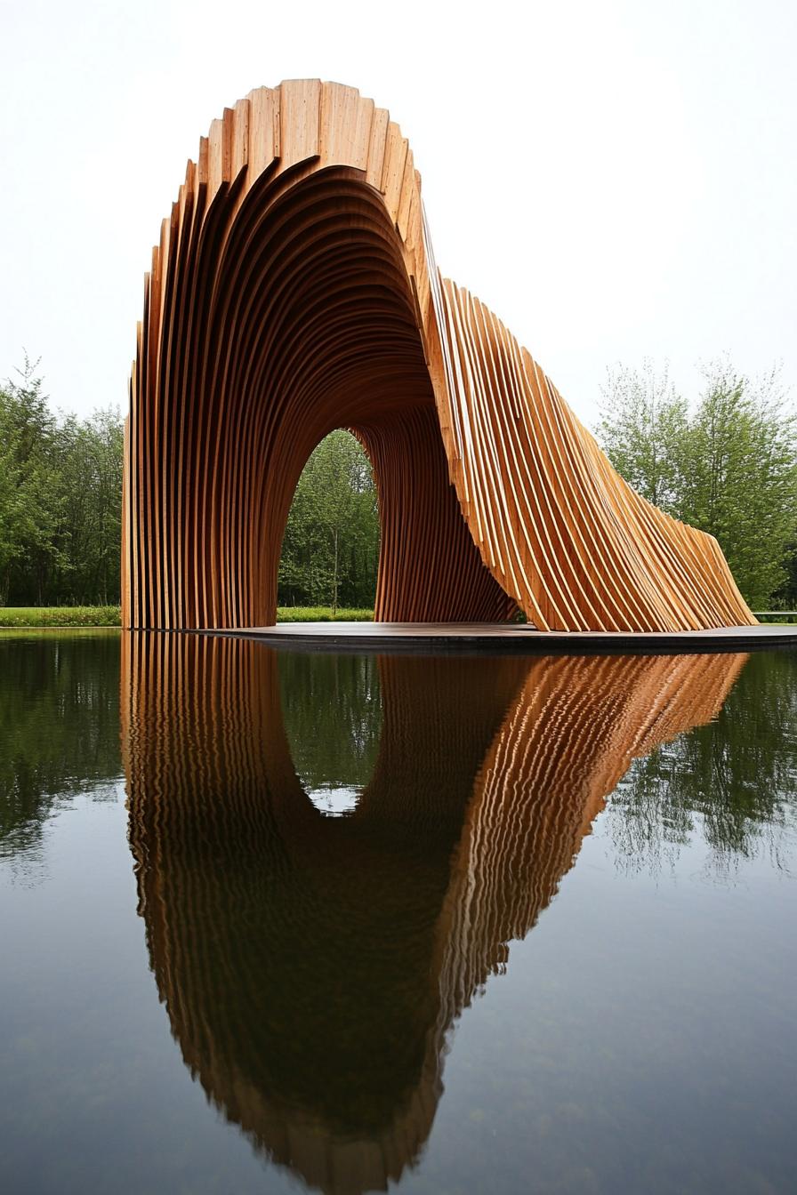 Wooden structure reflecting on a pond