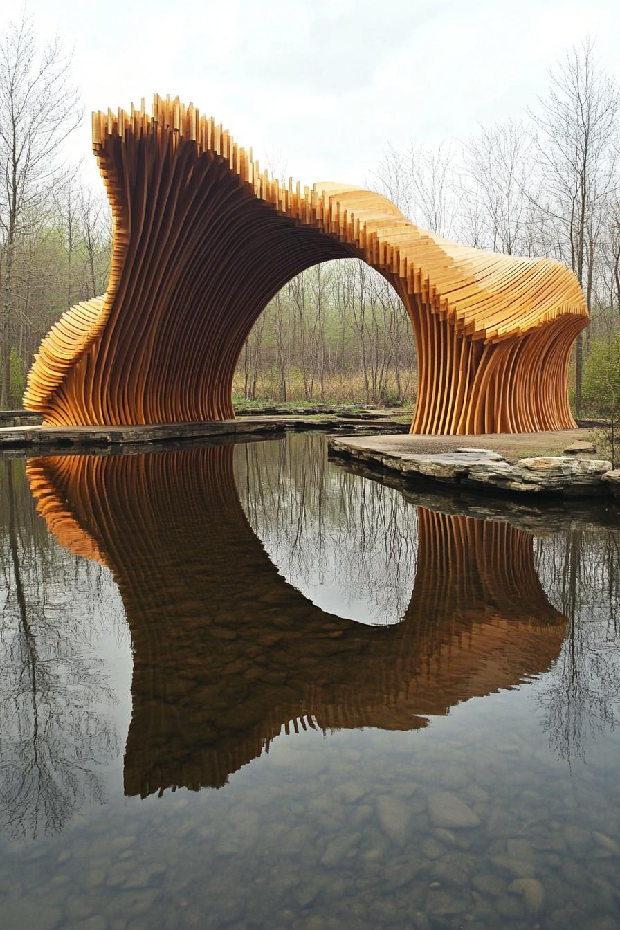 Wooden pavilion curves over a pond, reflecting in water