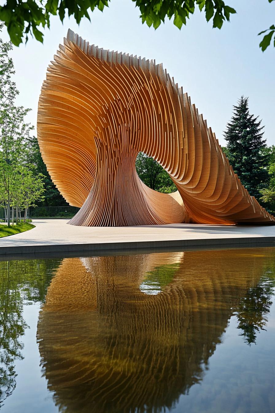 Wooden spirals reflecting in a pond