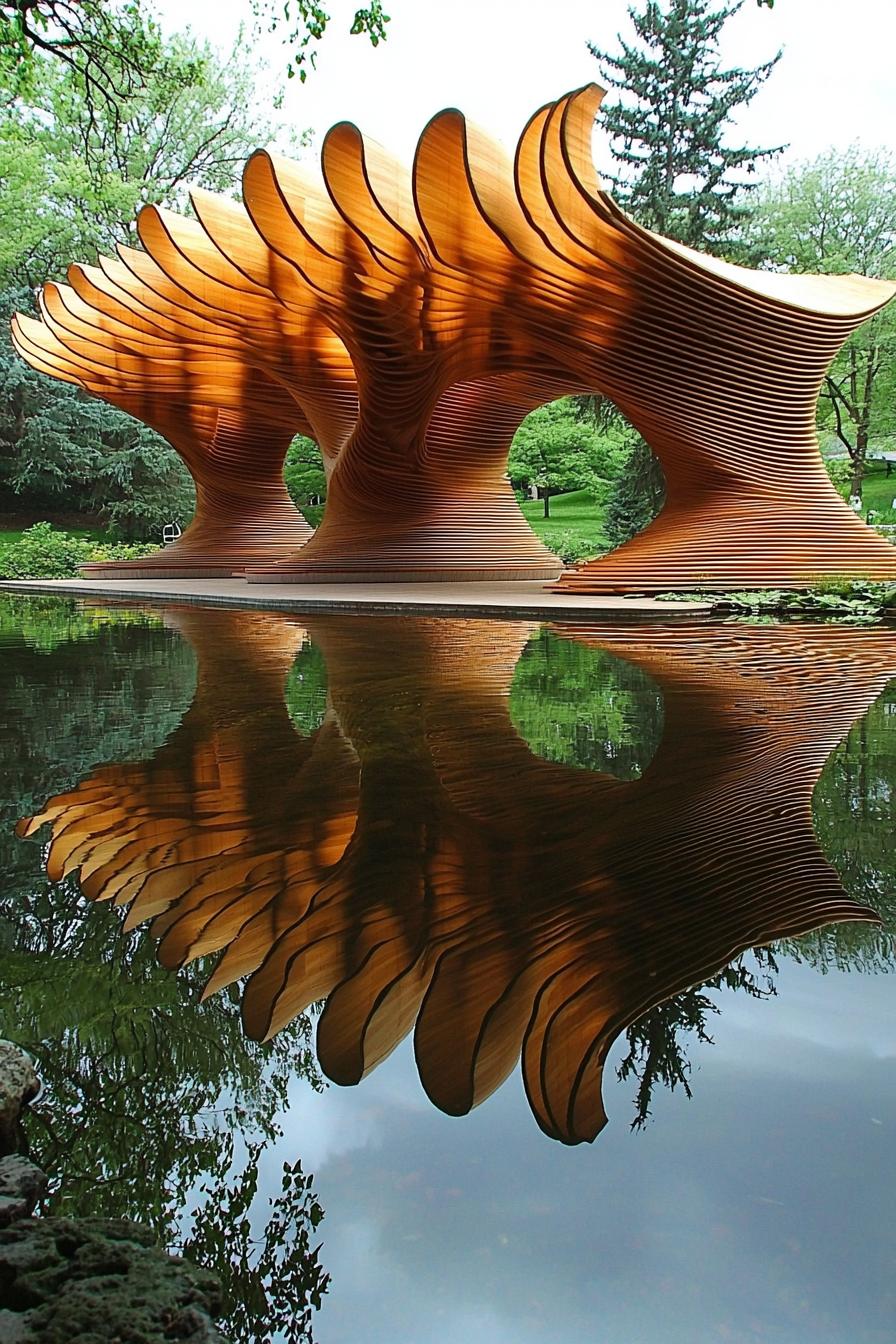 Wavy wooden pavilion reflecting in a pond