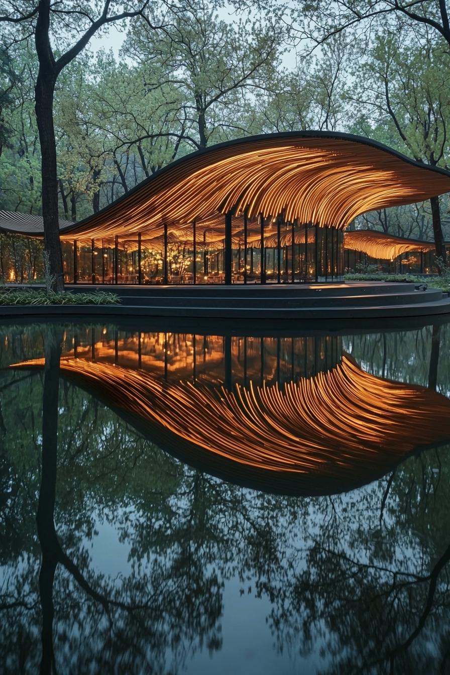 Curved pavilion with glowing stripes reflected in water