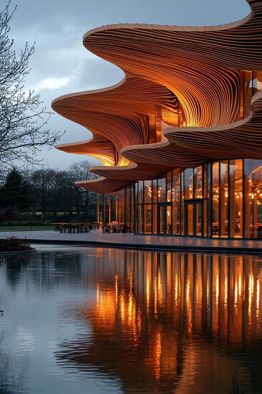 Wooden pavilion with wavy roof reflecting on water at dusk