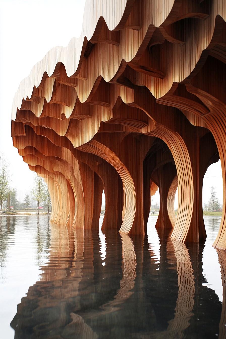 Wooden pavilion arches reflect on water