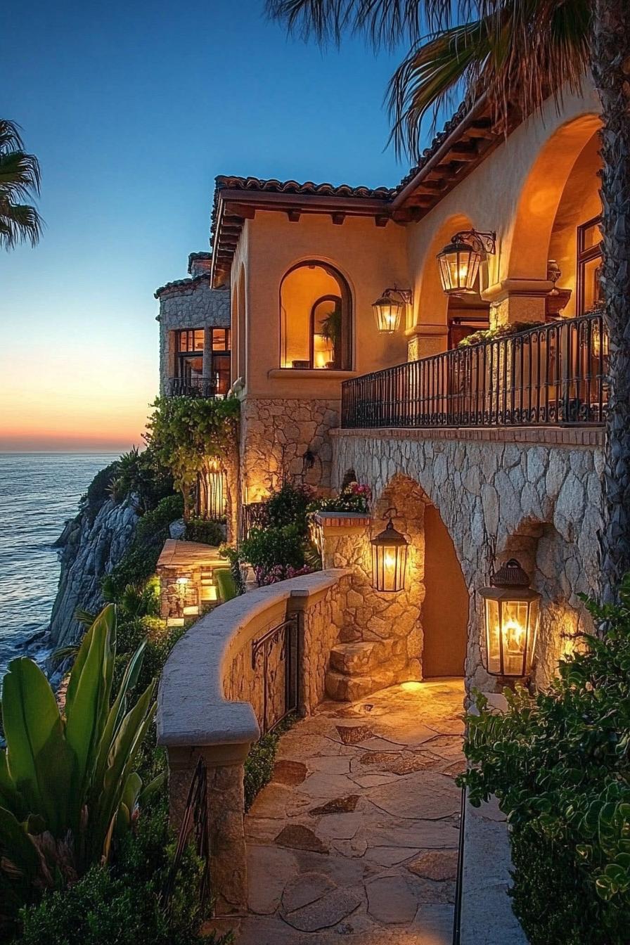 Elegant house with stone arches and glowing lanterns by the sea