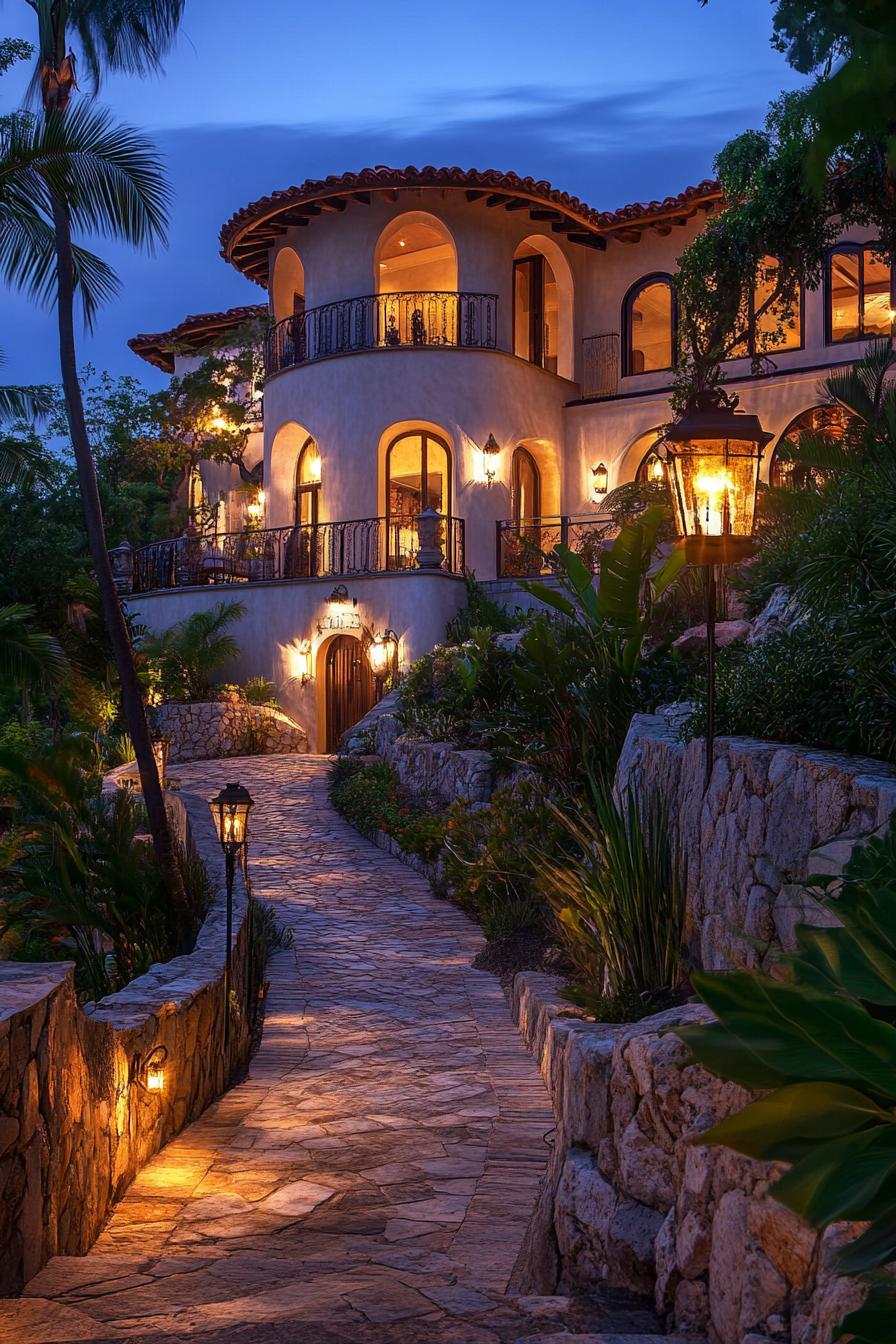 Mediterranean-style mansion at twilight with stone pathway and glowing lamps